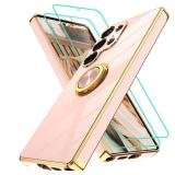 Gritup for Samsung Galaxy S25 Ultra Case: with 2Pcs Screen Protector, 360° Rotation Ring Holder Magnetic Kickstand Plating Gold Edge Soft TPU Shockproof Protective Cover for S25 Ultra, Pink