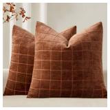 MIULEE Decorative Chenille Check Throw Pillow Covers Vintage Plaid Couch Pillows 20x20 Inch Set of 2 Neutral Boho Farmhouse Cushion Covers Modern Home Decor for Sofa Bed Living Room Burnt Orange