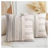 AELS 20x20 Decorative Farmhouse Linen Throw Pillow Covers, Boho Textured Pillow Case, Set of 2, Beige with White & Black Stripe Patchwork Cushion Cover for Sofa Couch Living Room (Cover ONLY)