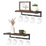 Dahey Mug Holder Wall Mounted Mug Rack with Hooks, Set of 2, Storage Rustic Floating Shelf Coffee Bar Accessories Wood Coffee Cup Hanger for Organizing Cooking Utensil Home Kitchen Decor, Brown