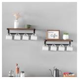 Dahey Mug Holder Wall Mounted Mug Rack with Hooks, Set of 2, Storage Rustic Floating Shelf Coffee Bar Accessories Wood Coffee Cup Hanger for Organizing Cooking Utensil Home Kitchen Decor, Brown