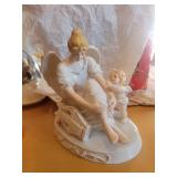 White Porcelain Mother and Child Playing Piano Figurine