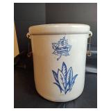 Vintage Western Stoneware 6 Gallon Crock with Blue Leaf Design and Wooden Handles
