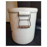 Vintage Western Stoneware 6 Gallon Crock with Blue Leaf Design and Wooden Handles