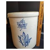 Vintage Western Stoneware 6 Gallon Crock with Blue Leaf Design and Wooden Handles