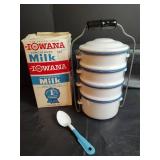 Enamel Stacking Food Carrier, Four Containers with Iowa Milk Carton