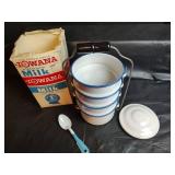 Enamel Stacking Food Carrier, Four Containers with Iowa Milk Carton