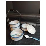 Enamel Stacking Food Carrier, Four Containers with Iowa Milk Carton