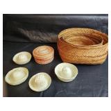 Mexican Woven Straw Hats, Coaster Set and Woven Baskets