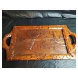 Hand Carved Wood Tray with Country Scene with Glass,  23.5 x 12. Mexico