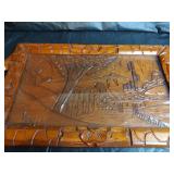 Hand Carved Wood Tray with Country Scene with Glass,  23.5 x 12. Mexico