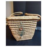 Native American Woven Basket with Pine Needle Floral Design, 17 x 11
