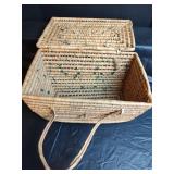 Native American Woven Basket with Pine Needle Floral Design, 17 x 11