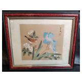 Japanese Bird and Iris Watercolor Painting, 11.5x9.5