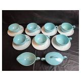Mid-Century Turquoise \"Leaves of Grass\" Tea Set with Cattail Design 24pc