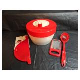 Red and White Salad Spinner Set with Kitchen Tools