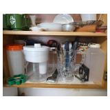 Contents of Cabinet, Chalet Green Snowflake Mugs Set, Pitchers, Kitchen Utensils, and More