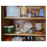Contents of Cabinet, Chalet Green Snowflake Mugs Set, Pitchers, Kitchen Utensils, and More