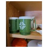 Contents of Cabinet, Chalet Green Snowflake Mugs Set, Pitchers, Kitchen Utensils, and More