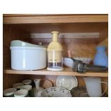 Contents of Cabinet, Chalet Green Snowflake Mugs Set, Pitchers, Kitchen Utensils, and More