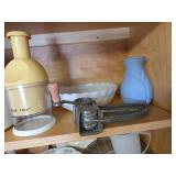 Contents of Cabinet, Chalet Green Snowflake Mugs Set, Pitchers, Kitchen Utensils, and More