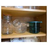 Contents of Cabinet- Quart Canning Jars, Unique Bottles, Dishes, Corn Cob Holders, Spice Tins, and Toaster