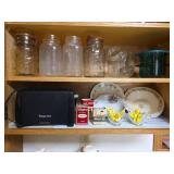 Contents of Cabinet- Quart Canning Jars, Unique Bottles, Dishes, Corn Cob Holders, Spice Tins, and Toaster