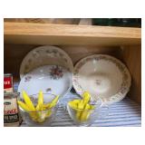 Contents of Cabinet- Quart Canning Jars, Unique Bottles, Dishes, Corn Cob Holders, Spice Tins, and Toaster