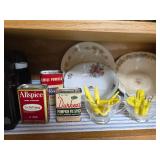 Contents of Cabinet- Quart Canning Jars, Unique Bottles, Dishes, Corn Cob Holders, Spice Tins, and Toaster