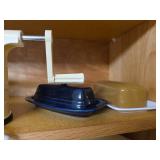 Kitchen Cabinet Collection with Decorated Teapot, Coffee Mugs, Carafes, Spice Rack, and More