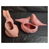 Pink Ceramic Bird Planter and Bunny Planter Set- Unmarked
