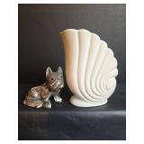 Vintage Art Deco Shell Vase with Dog Planter Figurine