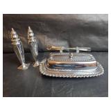 Sterling Silver Salt and Pepper Shakers with Butter Spread Dish