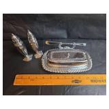 Sterling Silver Salt and Pepper Shakers with Butter Spread Dish