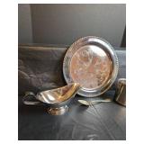 Decorative Silver Plated 10in Oneida Tray, Gravy Boat and Cup