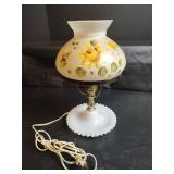Vintage Hand-Painted Floral Hurricane Table Lamp with Milk Glass Hobnail Trim Pattern Base