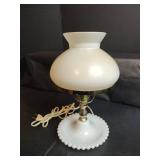 Vintage Hand-Painted Floral Hurricane Table Lamp with Milk Glass Hobnail Trim Pattern Base