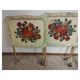 Vintage Four Floral Metal TV Trays with Stand, One Has Wheels