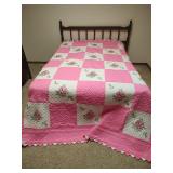 Vintage Handmade Cross Stitch Rose Quilt, Queen Size