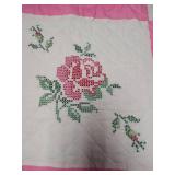Vintage Handmade Cross Stitch Rose Quilt, Queen Size