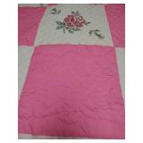 Vintage Handmade Cross Stitch Rose Quilt, Queen Size
