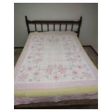 Vintage Hand Stitched Floral Quilt, Pink, Yellow and White, Full/Twin