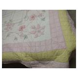 Vintage Hand Stitched Floral Quilt, Pink, Yellow and White, Full/Twin