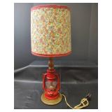 Red Lantern Table Lamp with Floral Shade, Works