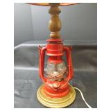 Red Lantern Table Lamp with Floral Shade, Works