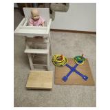 Homemade White Wooden Doll High Chair with Ring Toss Game and Step Stool