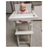 Homemade White Wooden Doll High Chair with Ring Toss Game and Step Stool