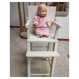 Homemade White Wooden Doll High Chair with Ring Toss Game and Step Stool