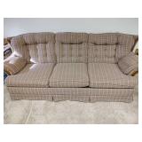 Sofa Sleeper - Brown with Light Blue and Cream Striped Tufted Sofa with Wood Accents, 86 inches Wide