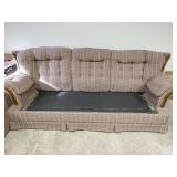 Sofa Sleeper - Brown with Light Blue and Cream Striped Tufted Sofa with Wood Accents, 86 inches Wide